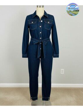 Plus Size Denim Jumpsuit Long Sleeve Button Down Collar Belted One Piece Overall